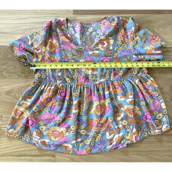 Babydoll Hippie Boho Top XL Blue Orange Retro Floral Short Sleeve Funky Grunge - Picture 11 of 13